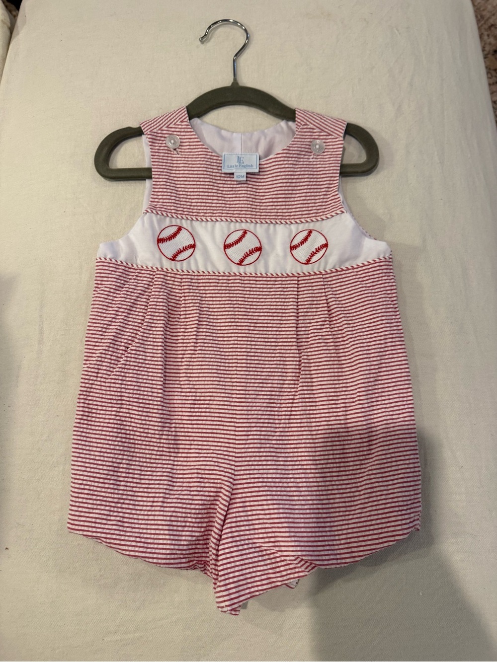 Little English Red and White Striped Baseball Appliqué One-Piece